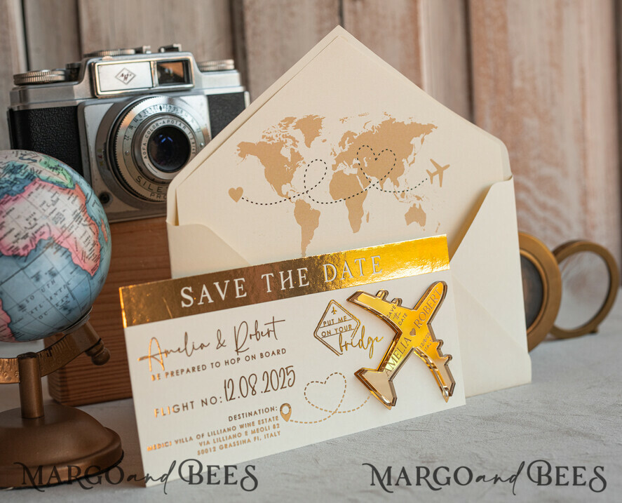 DATEN MERKEN Strand-Reise-Magnete Elfenbein-goldene Flugzeugmagnet Save The Date Karten Boardingpass Reise Flugzeug Save the Dates Zielhochzeitsmagneten