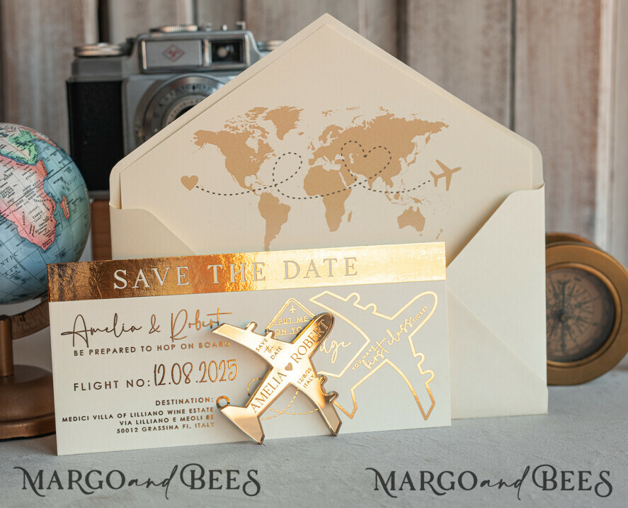 DATEN MERKEN Strand-Reise-Magnete Elfenbein-goldene Flugzeugmagnet Save The Date Karten Boardingpass Reise Flugzeug Save the Dates Zielhochzeitsmagneten