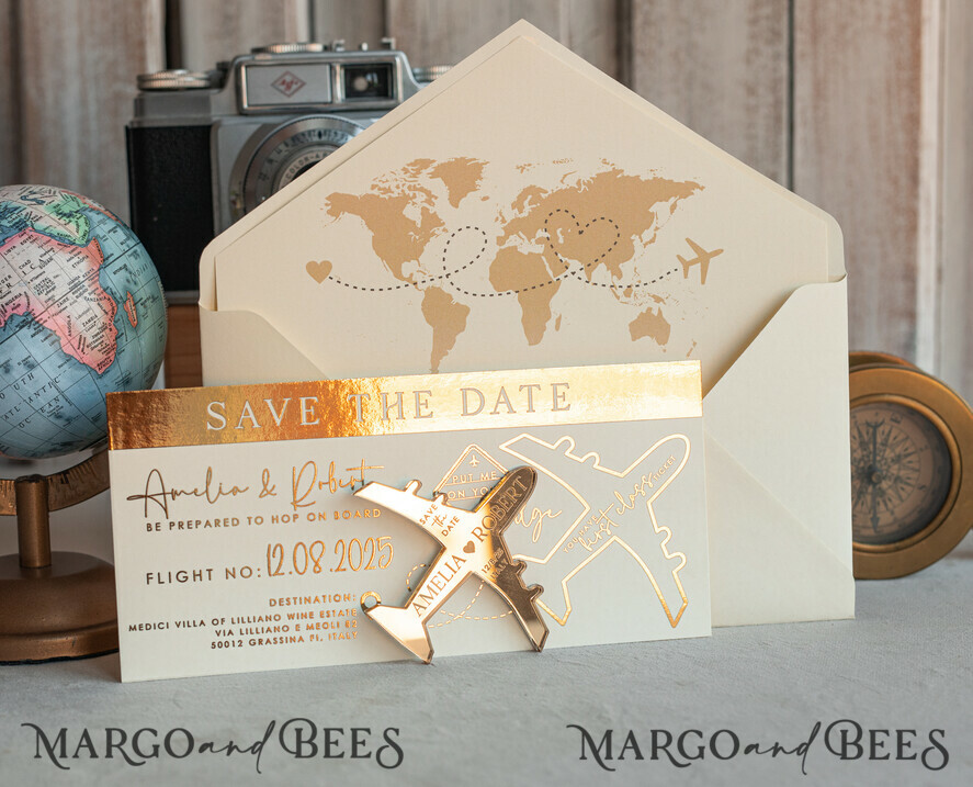 DATEN MERKEN Strand-Reise-Magnete Elfenbein-goldene Flugzeugmagnet Save The Date Karten Boardingpass Reise Flugzeug Save the Dates Zielhochzeitsmagneten