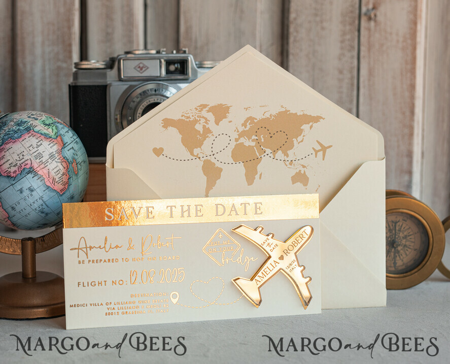 DATEN MERKEN Strand-Reise-Magnete Elfenbein-goldene Flugzeugmagnet Save The Date Karten Boardingpass Reise Flugzeug Save the Dates Zielhochzeitsmagneten