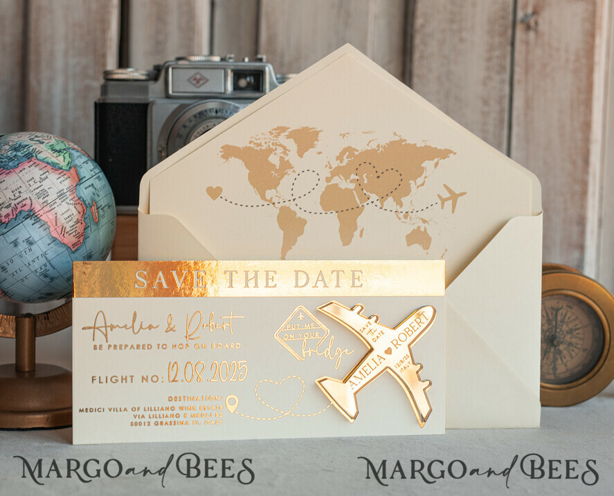 DATEN MERKEN Strand-Reise-Magnete Elfenbein-goldene Flugzeugmagnet Save The Date Karten Boardingpass Reise Flugzeug Save the Dates Zielhochzeitsmagneten