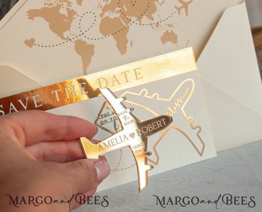 DATEN MERKEN Strand-Reise-Magnete Elfenbein-goldene Flugzeugmagnet Save The Date Karten Boardingpass Reise Flugzeug Save the Dates Zielhochzeitsmagneten