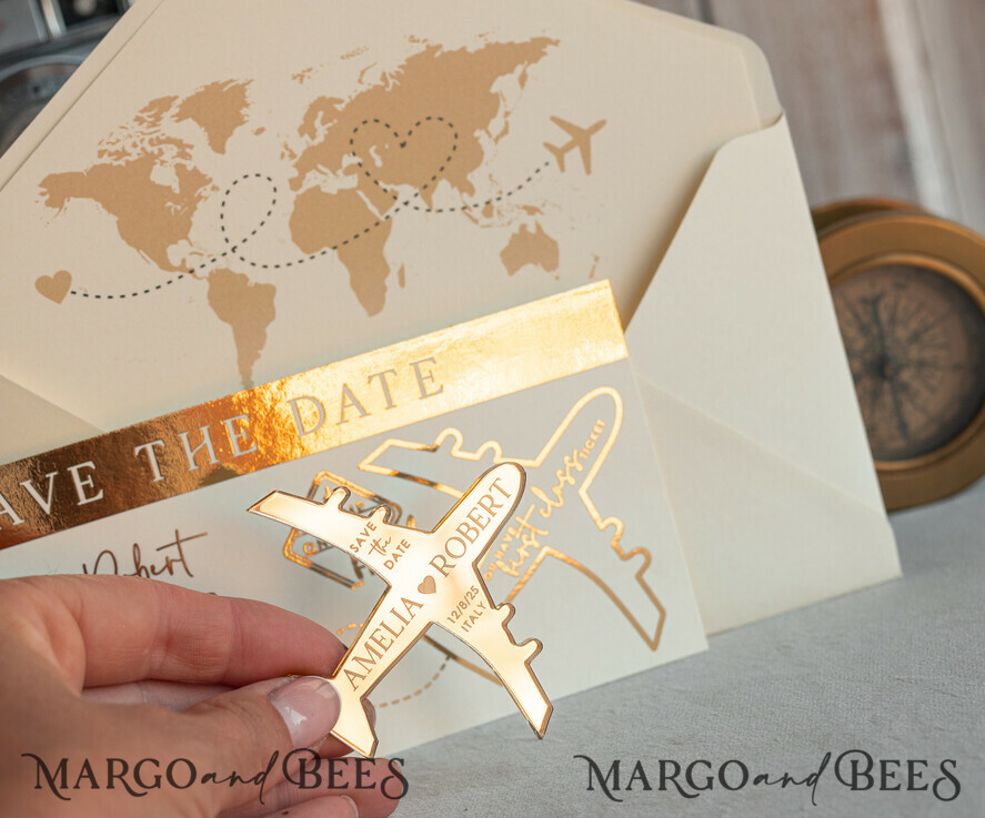 DATEN MERKEN Strand-Reise-Magnete Elfenbein-goldene Flugzeugmagnet Save The Date Karten Boardingpass Reise Flugzeug Save the Dates Zielhochzeitsmagneten
