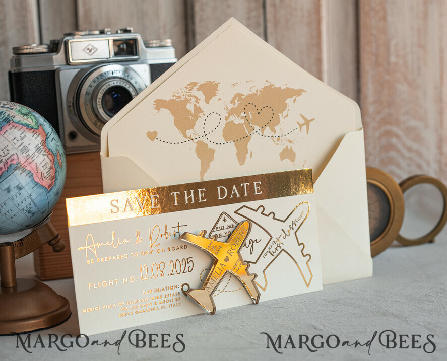 DATEN MERKEN Strand-Reise-Magnete Elfenbein-goldene Flugzeugmagnet Save The Date Karten Boardingpass Reise Flugzeug Save the Dates Zielhochzeitsmagneten