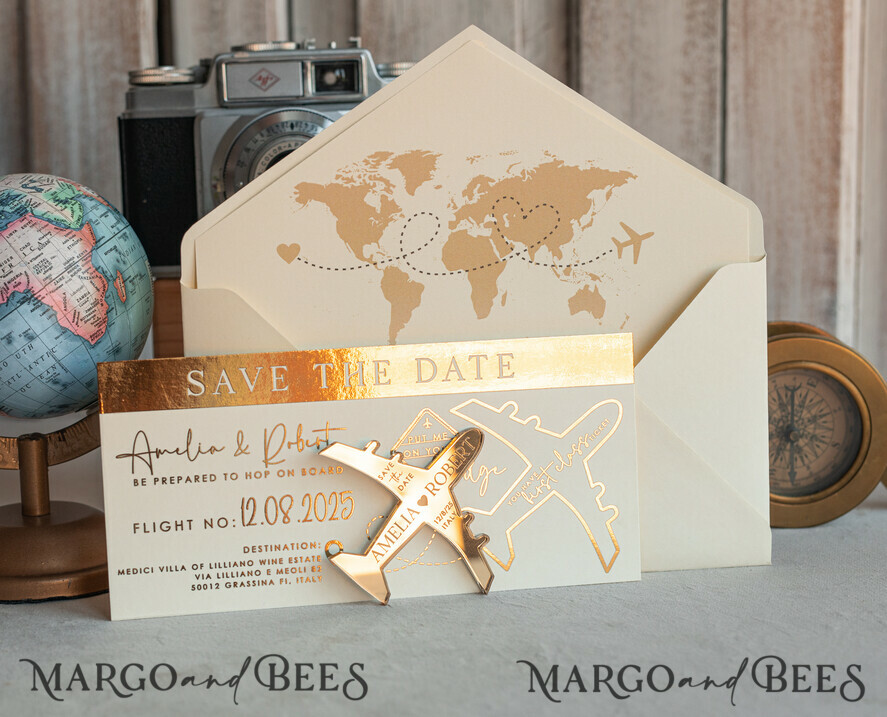 DATEN MERKEN Strand-Reise-Magnete Elfenbein-goldene Flugzeugmagnet Save The Date Karten Boardingpass Reise Flugzeug Save the Dates Zielhochzeitsmagneten