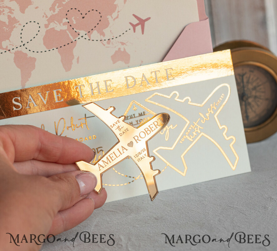 SAVE THE DATES beach travel magnets Blush Pink golden airplane magnet Save The Date Cards  boardingpass travel airplane save the dates destination wedding magnets