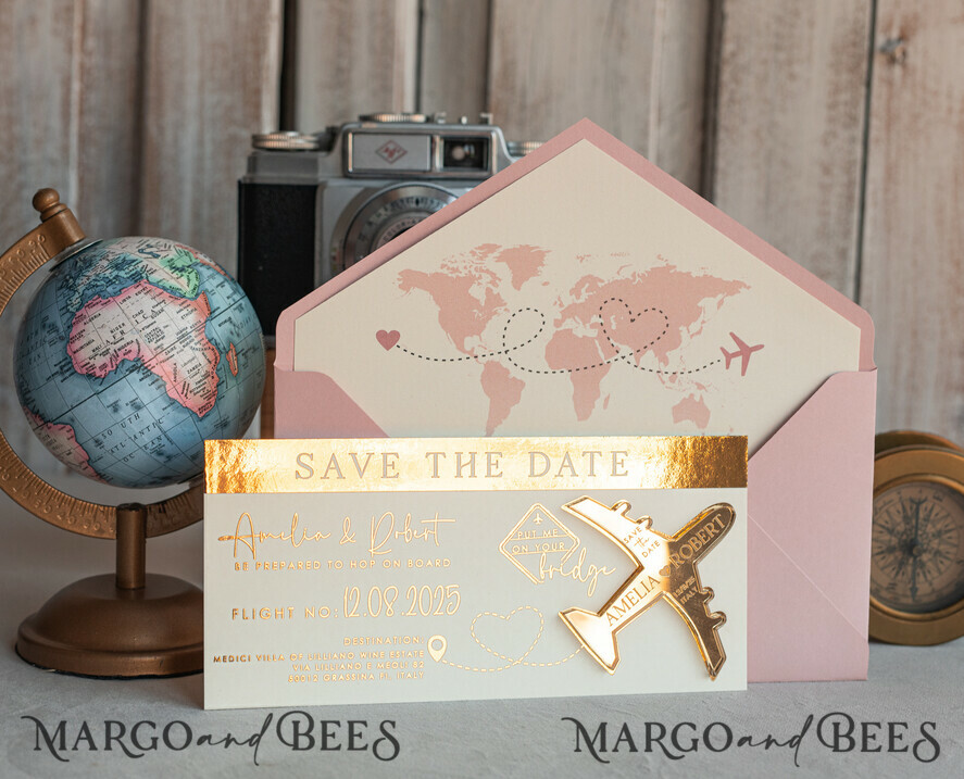 SAVE THE DATES beach travel magnets Blush Pink golden airplane magnet Save The Date Cards  boardingpass travel airplane save the dates destination wedding magnets