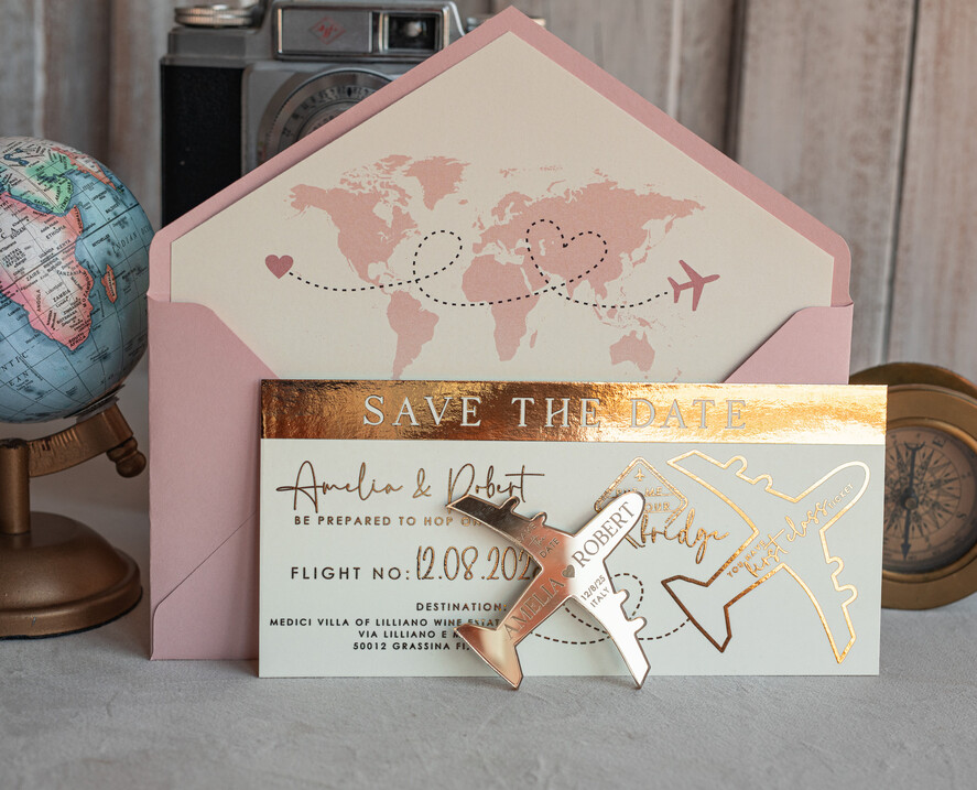 SAVE THE DATES beach travel magnets Blush Pink golden airplane magnet Save The Date Cards  boardingpass travel airplane save the dates destination wedding magnets