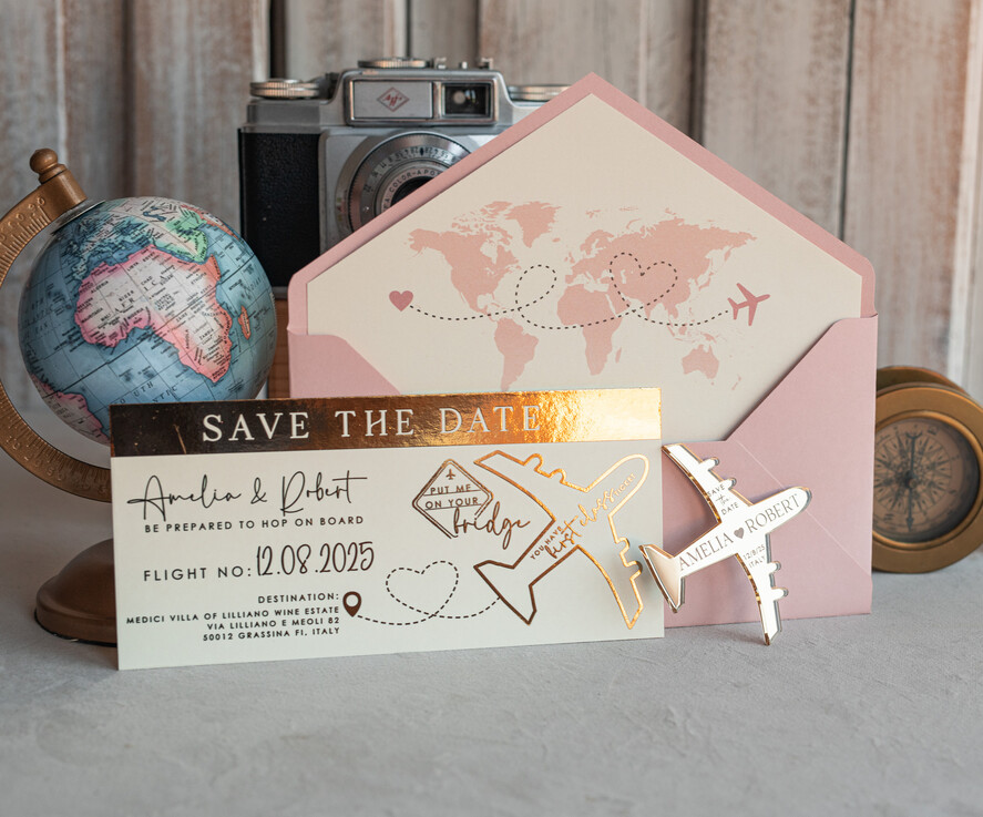 SAVE THE DATES beach travel magnets Blush Pink golden airplane magnet Save The Date Cards  boardingpass travel airplane save the dates destination wedding magnets
