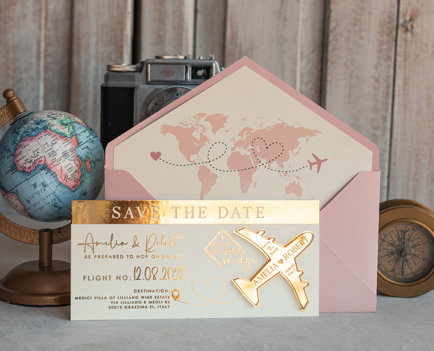 SAVE THE DATES beach travel magnets Blush Pink golden airplane magnet Save The Date Cards  boardingpass travel airplane save the dates destination wedding magnets
