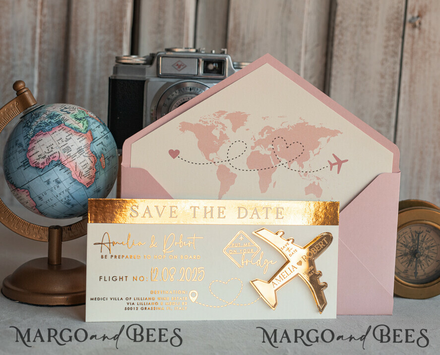 SAVE THE DATES beach travel magnets Blush Pink golden airplane magnet Save The Date Cards  boardingpass travel airplane save the dates destination wedding magnets
