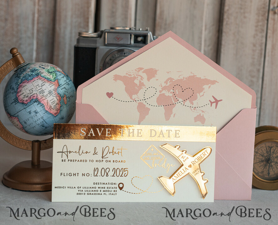 SAVE THE DATES beach travel magnets Blush Pink golden airplane magnet Save The Date Cards  boardingpass travel airplane save the dates destination wedding magnets