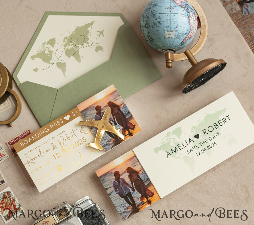 DATEN MERKEN Strand-Reise-Magnete Salbeigrüne goldene Flugzeugmagnete Save The Date Karten Boardingpass Reise Flugzeug Save the Dates Zielhochzeitsmagneten