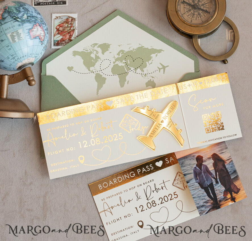 DATEN MERKEN Strand-Reise-Magnete Salbeigrüne goldene Flugzeugmagnete Save The Date Karten Boardingpass Reise Flugzeug Save the Dates Zielhochzeitsmagneten