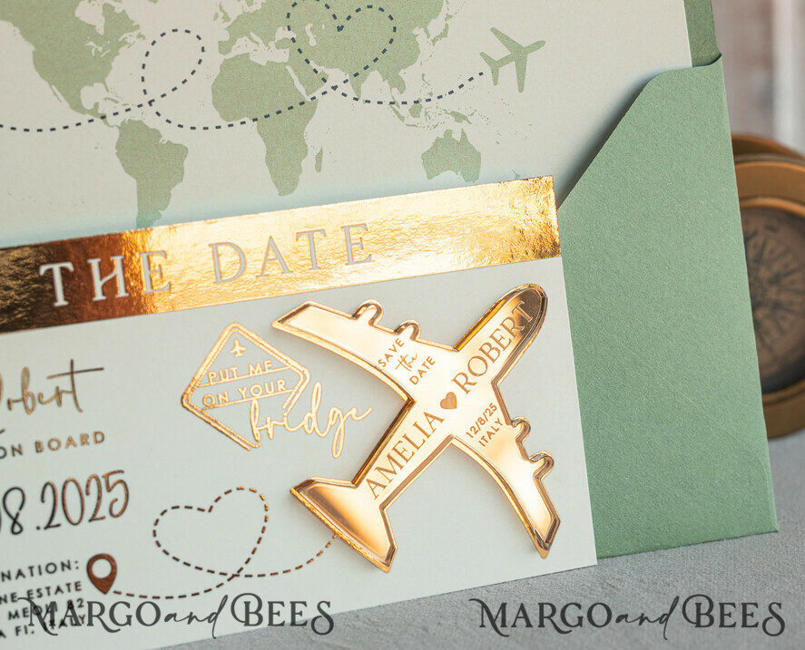 SAVE THE DATES beach travel magnets Sage green golden airplane magnet Save The Date Cards  boardingpass travel airplane save the dates destination wedding magnets