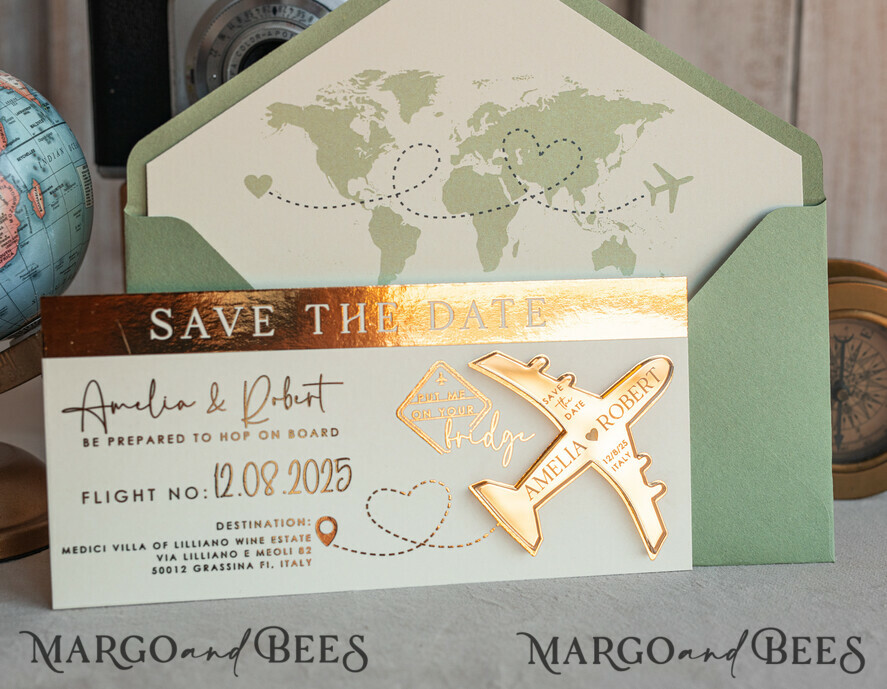 SAVE THE DATES beach travel magnets Sage green golden airplane magnet Save The Date Cards  boardingpass travel airplane save the dates destination wedding magnets