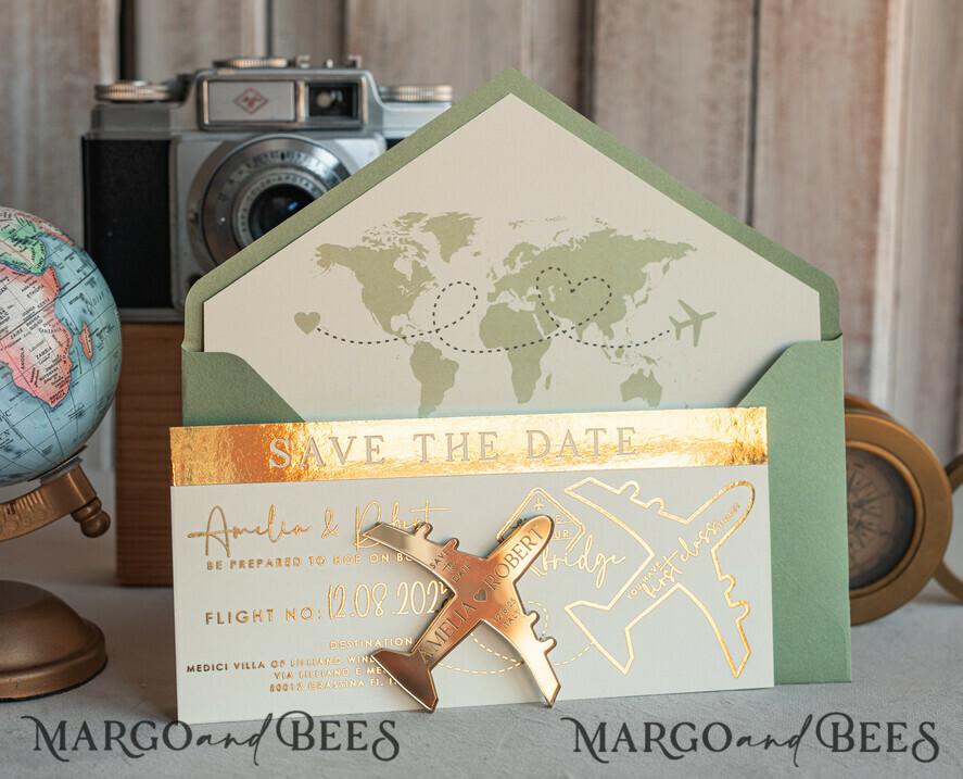 SAVE THE DATES beach travel magnets Sage green golden airplane magnet Save The Date Cards  boardingpass travel airplane save the dates destination wedding magnets