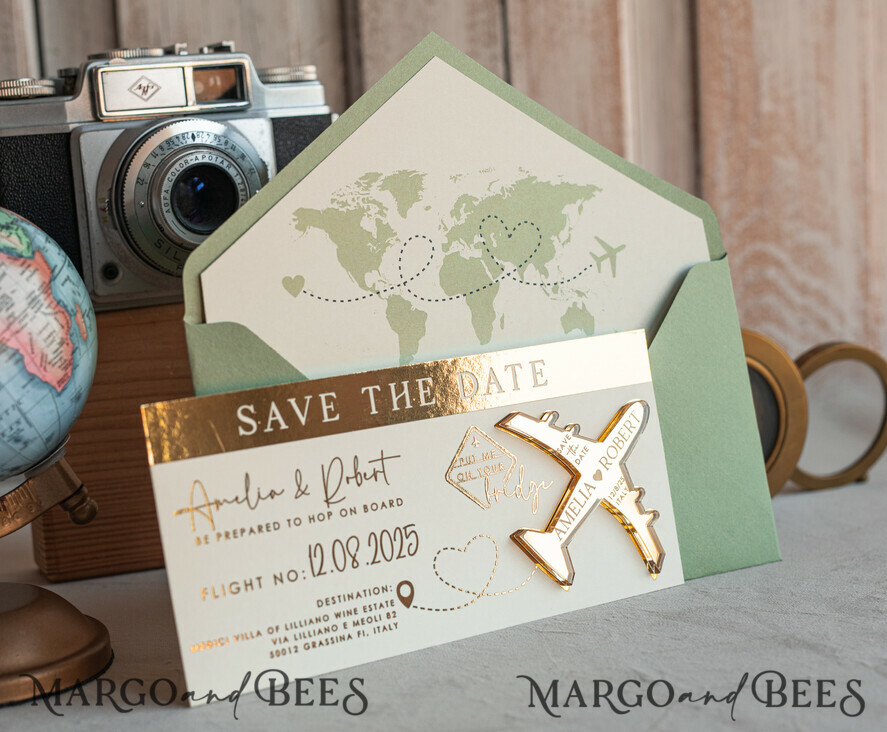 SAVE THE DATES beach travel magnets Sage green golden airplane magnet Save The Date Cards  boardingpass travel airplane save the dates destination wedding magnets