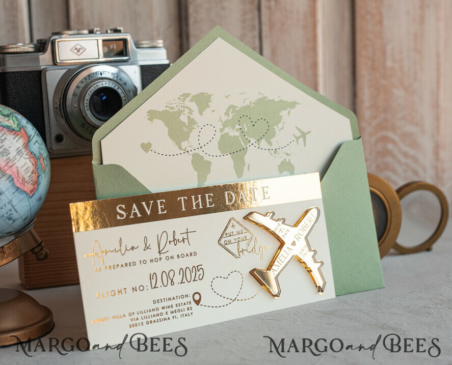 SAVE THE DATES beach travel magnets Sage green golden airplane magnet Save The Date Cards  boardingpass travel airplane save the dates destination wedding magnets