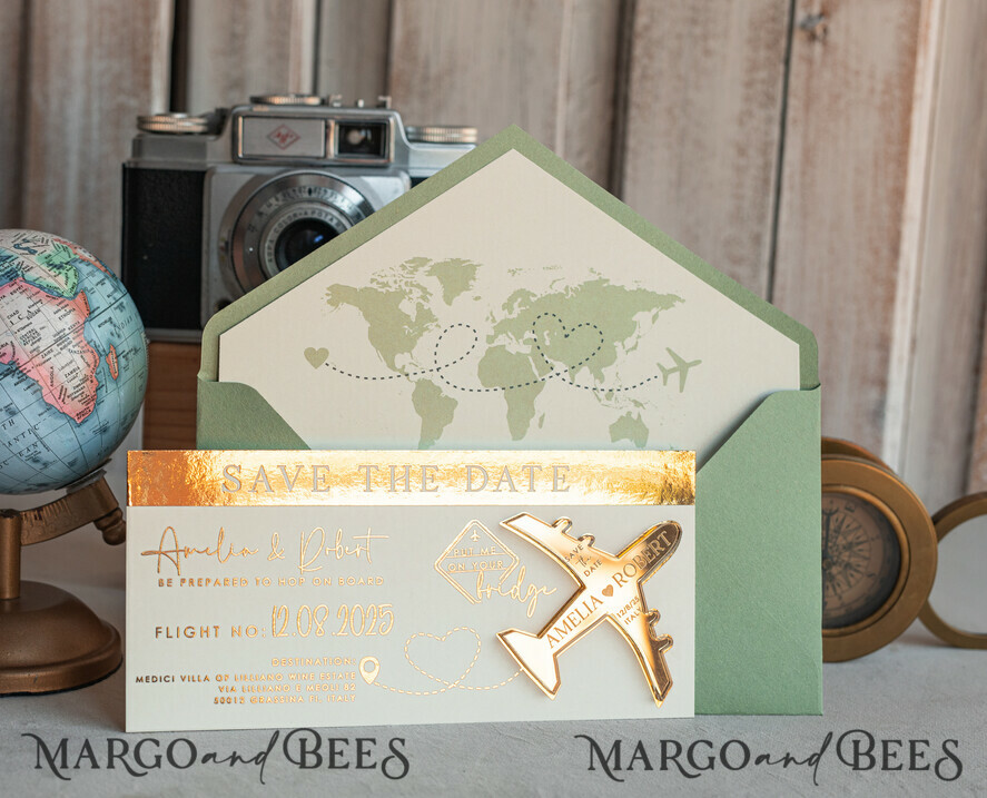 SAVE THE DATES beach travel magnets Sage green golden airplane magnet Save The Date Cards  boardingpass travel airplane save the dates destination wedding magnets