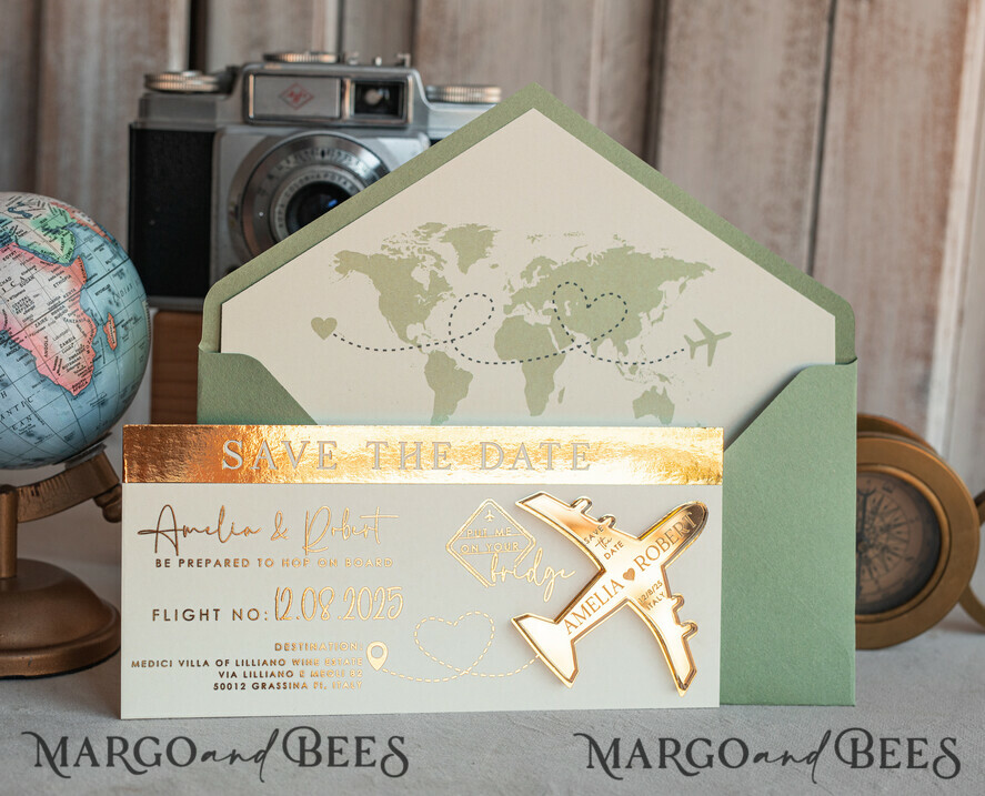 SAVE THE DATES beach travel magnets Sage green golden airplane magnet Save The Date Cards  boardingpass travel airplane save the dates destination wedding magnets
