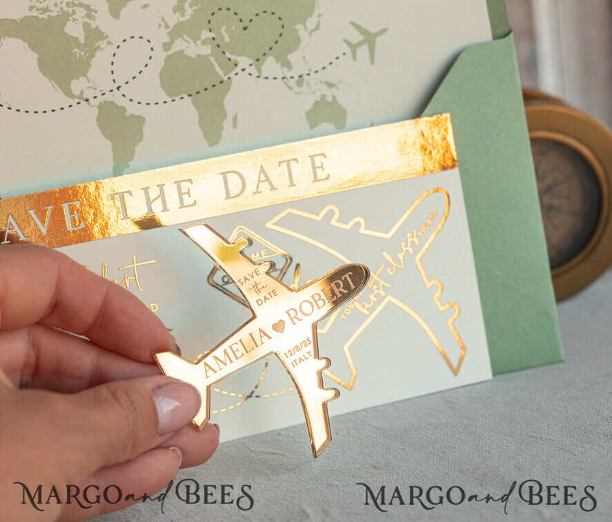 SAVE THE DATES beach travel magnets Sage green golden airplane magnet Save The Date Cards  boardingpass travel airplane save the dates destination wedding magnets