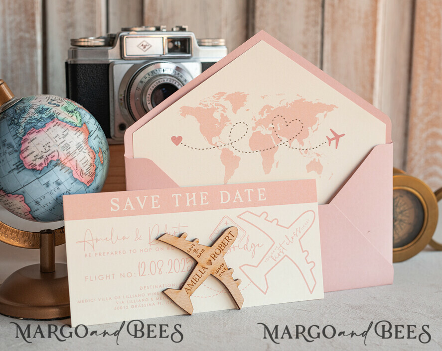 SAVE THE DATES beach travel magnets Blush Pink Wooden airplane magnet Save The Date Cards  boardingpass travel airplane save the dates destination wedding magnets