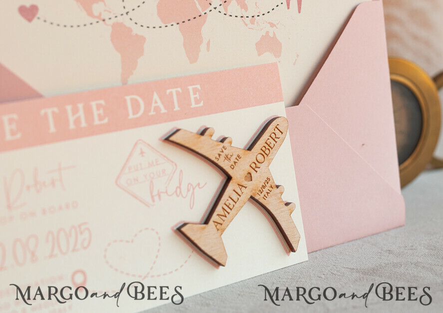 SAVE THE DATES beach travel magnets Blush Pink Wooden airplane magnet Save The Date Cards  boardingpass travel airplane save the dates destination wedding magnets