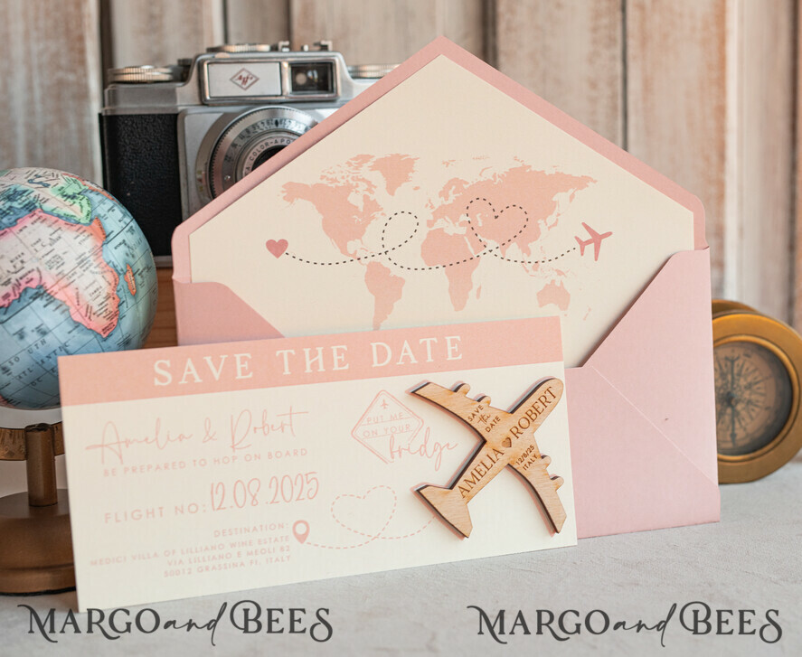 SAVE THE DATES beach travel magnets Blush Pink Wooden airplane magnet Save The Date Cards  boardingpass travel airplane save the dates destination wedding magnets