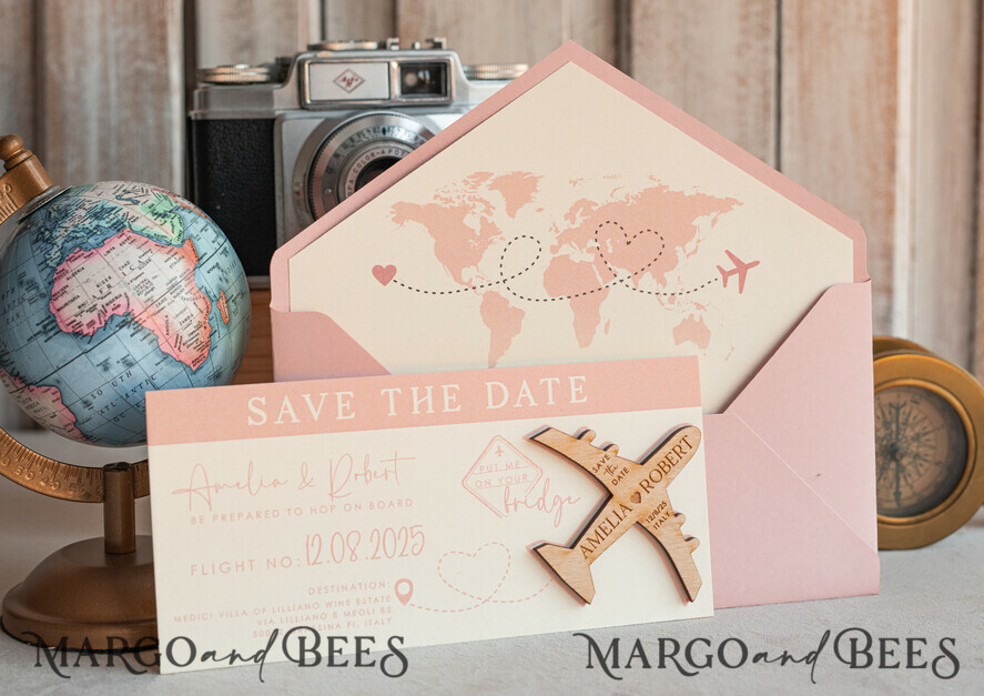 SAVE THE DATES beach travel magnets Blush Pink Wooden airplane magnet Save The Date Cards  boardingpass travel airplane save the dates destination wedding magnets