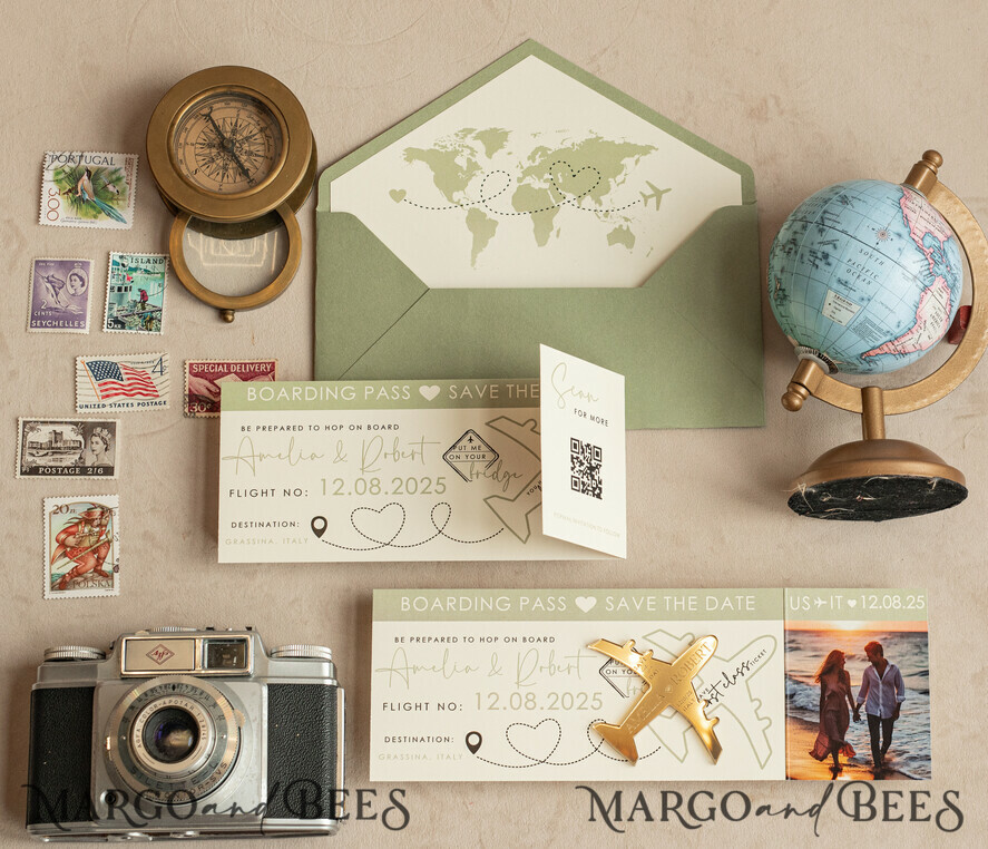SAVE THE DATES beach travel magnets Sage green golden airplane magnet Save The Date Cards with photo boardingpass travel airplane save the dates destination wedding magnets