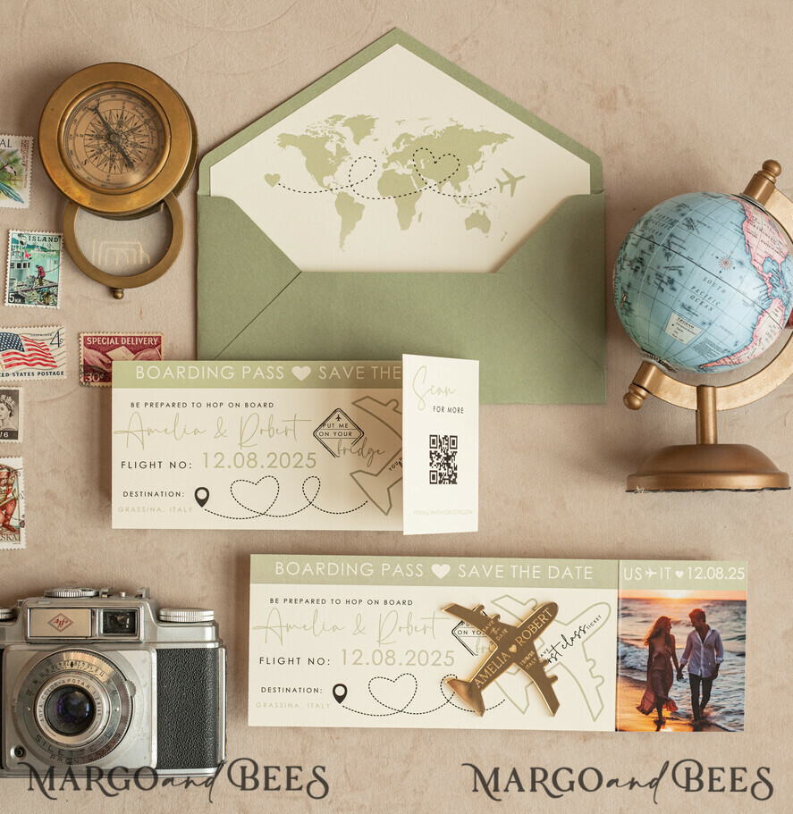 SAVE THE DATES beach travel magnets Sage green golden airplane magnet Save The Date Cards with photo boardingpass travel airplane save the dates destination wedding magnets