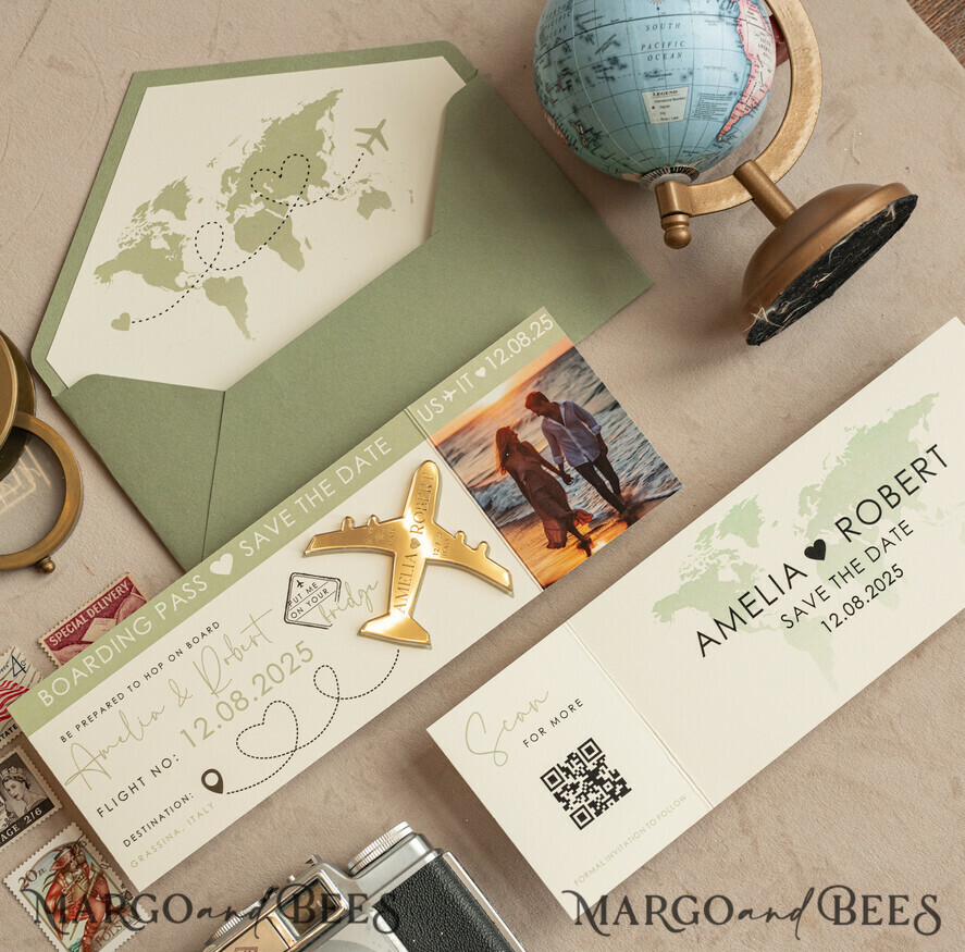 SAVE THE DATES beach travel magnets Sage green golden airplane magnet Save The Date Cards with photo boardingpass travel airplane save the dates destination wedding magnets