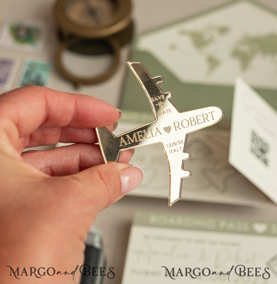 SAVE THE DATES beach travel magnets Sage green golden airplane magnet Save The Date Cards with photo boardingpass travel airplane save the dates destination wedding magnets