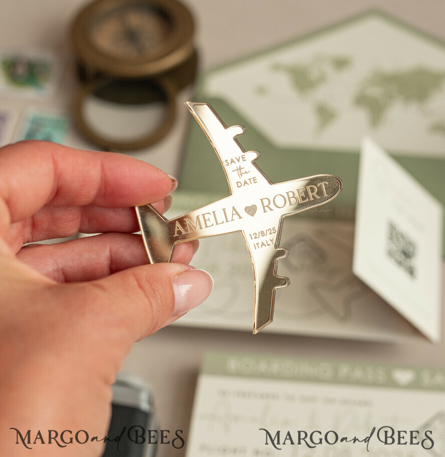 SAVE THE DATES beach travel magnets Sage green golden airplane magnet Save The Date Cards with photo boardingpass travel airplane save the dates destination wedding magnets