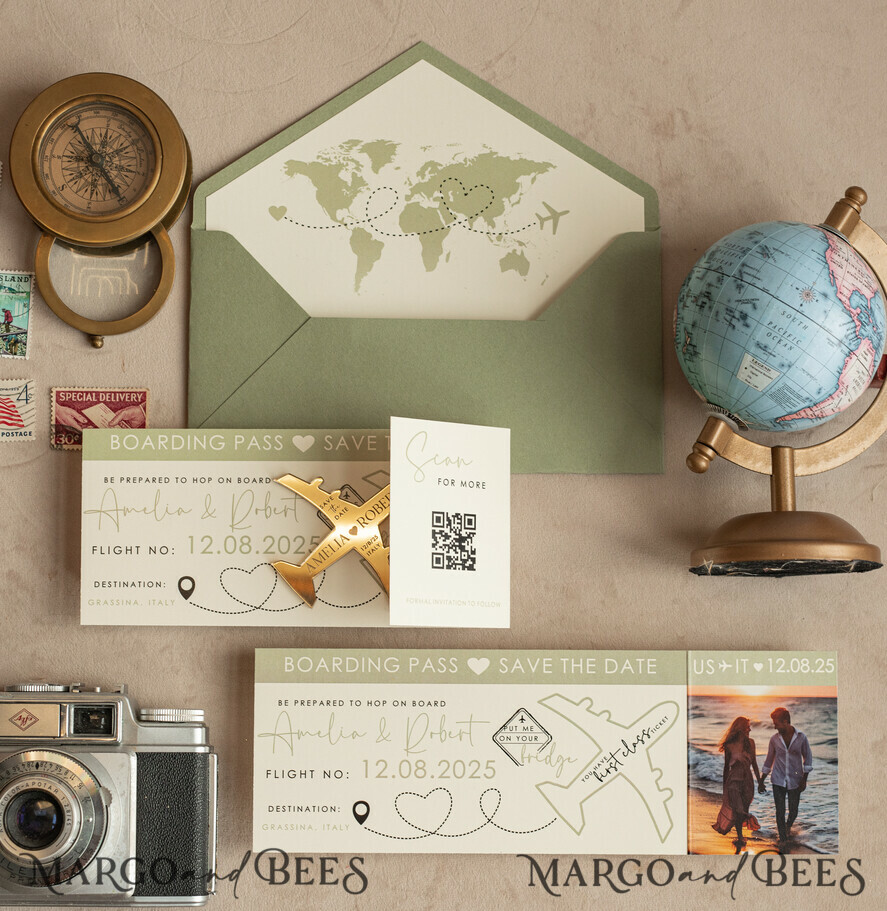 SAVE THE DATES beach travel magnets Sage green golden airplane magnet Save The Date Cards with photo boardingpass travel airplane save the dates destination wedding magnets