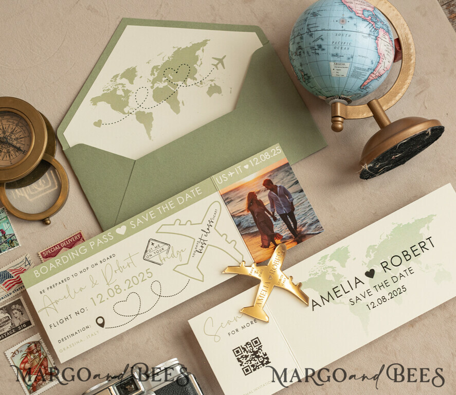 SAVE THE DATES beach travel magnets Sage green golden airplane magnet Save The Date Cards with photo boardingpass travel airplane save the dates destination wedding magnets