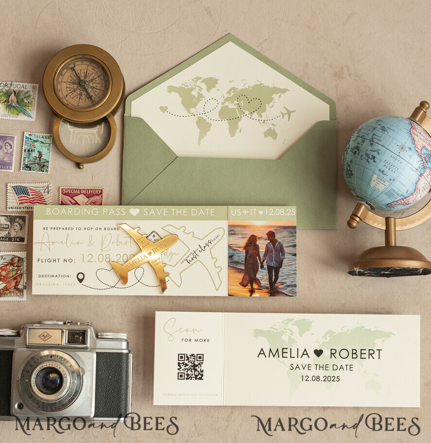 SAVE THE DATES beach travel magnets Sage green golden airplane magnet Save The Date Cards with photo boardingpass travel airplane save the dates destination wedding magnets