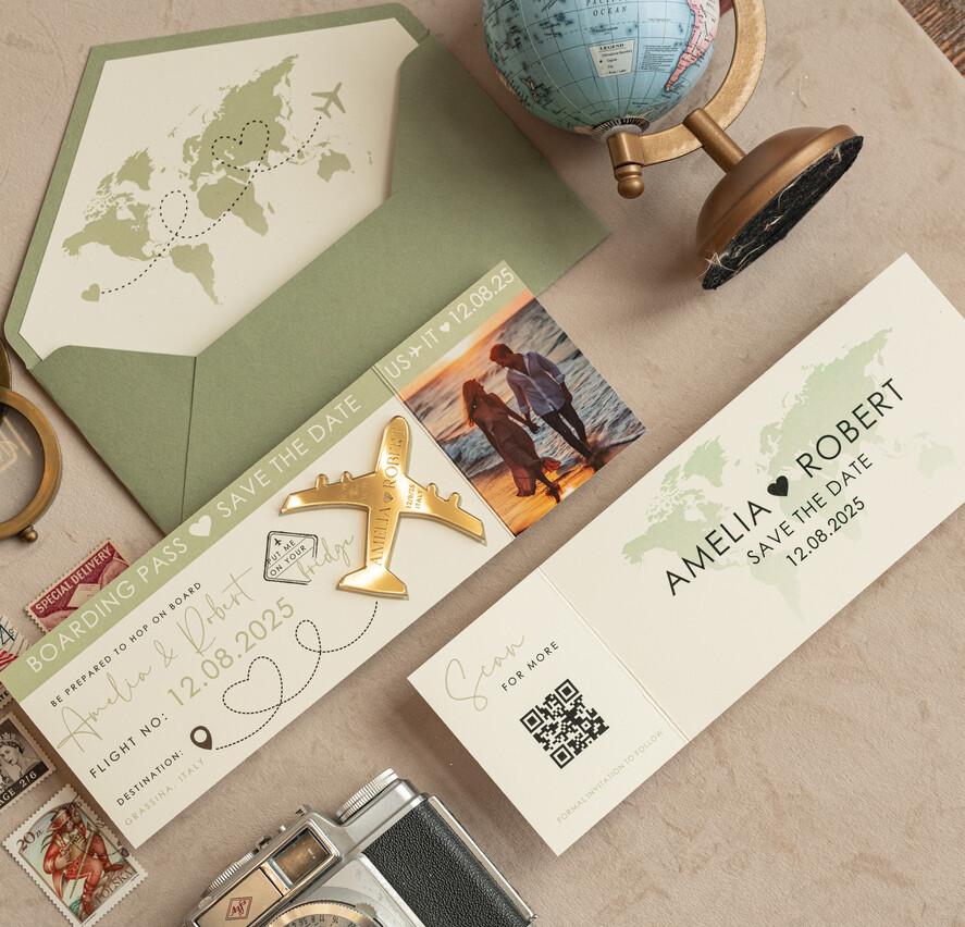 SAVE THE DATES beach travel magnets Sage green golden airplane magnet Save The Date Cards with photo boardingpass travel airplane save the dates destination wedding magnets