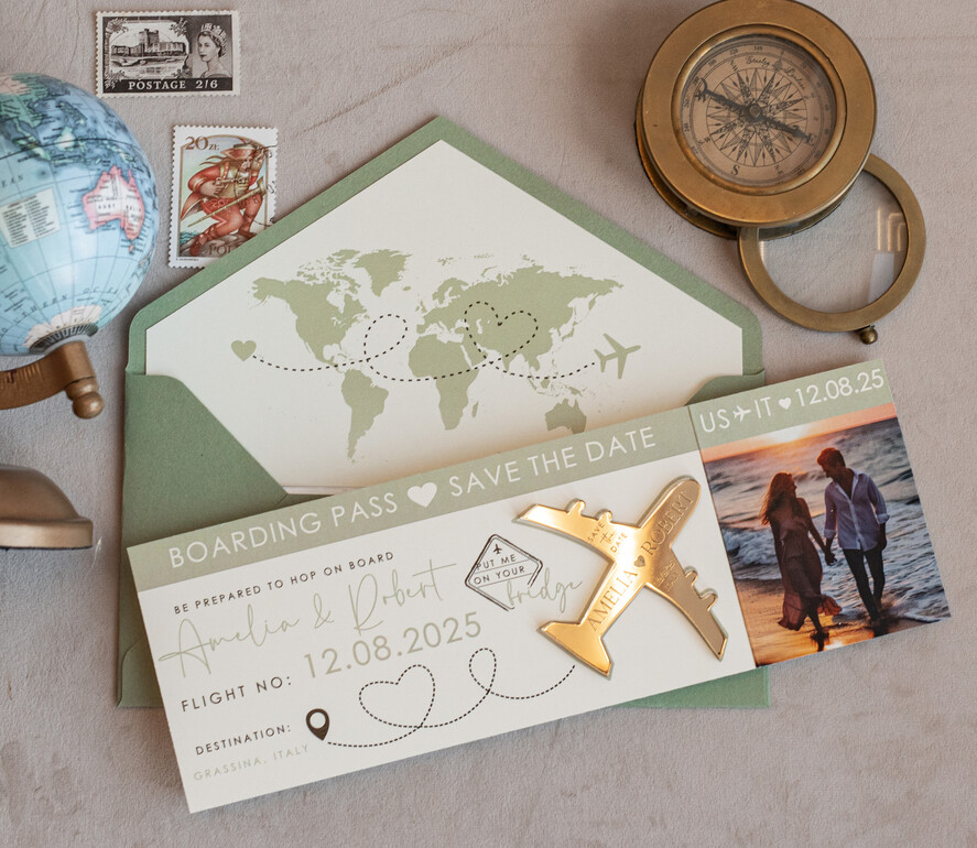 SAVE THE DATES beach travel magnets Sage green golden airplane magnet Save The Date Cards with photo boardingpass travel airplane save the dates destination wedding magnets