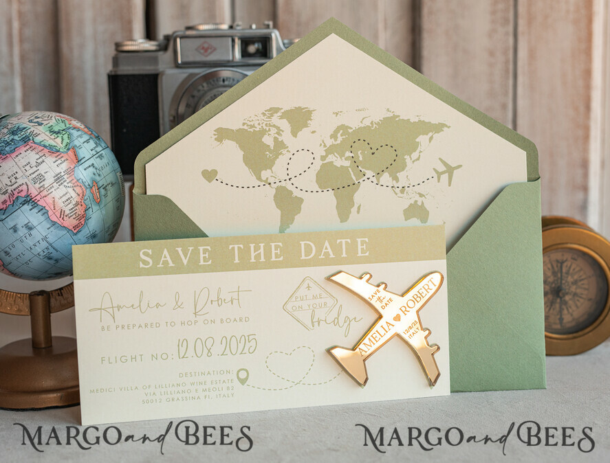 SAVE THE DATES beach travel magnets Sage green  golden airplane magnet Save The Date Cards  boardingpass travel airplane save the dates destination wedding magnets
