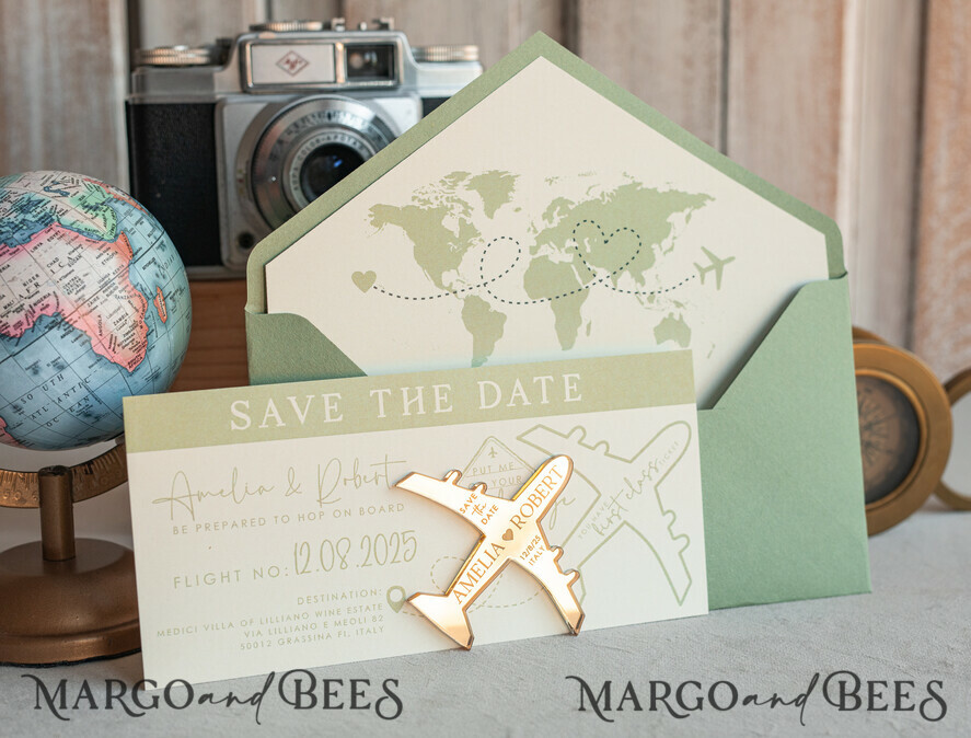 SAVE THE DATES beach travel magnets Sage green  golden airplane magnet Save The Date Cards  boardingpass travel airplane save the dates destination wedding magnets
