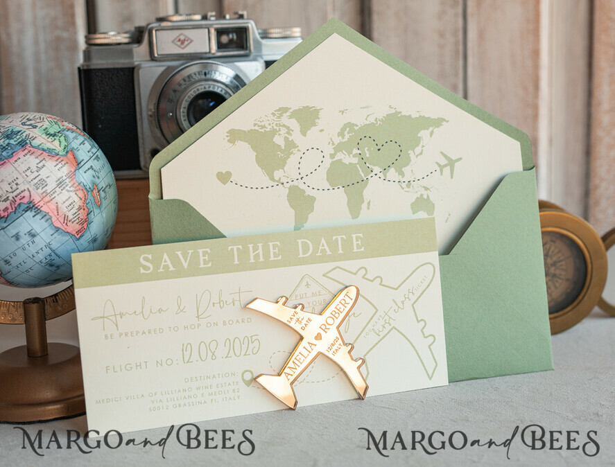 SAVE THE DATES beach travel magnets Sage green  golden airplane magnet Save The Date Cards  boardingpass travel airplane save the dates destination wedding magnets