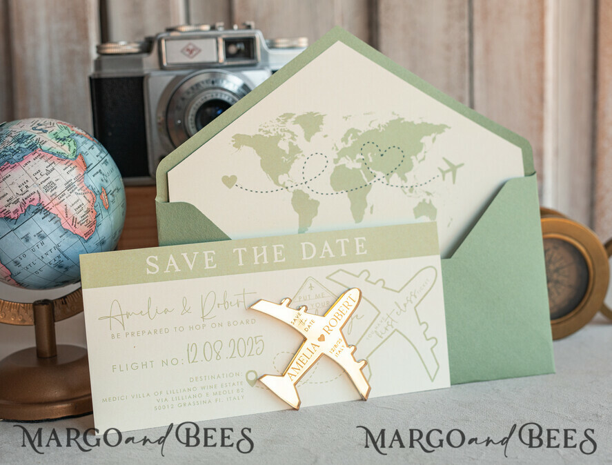 SAVE THE DATES beach travel magnets Sage green  golden airplane magnet Save The Date Cards  boardingpass travel airplane save the dates destination wedding magnets