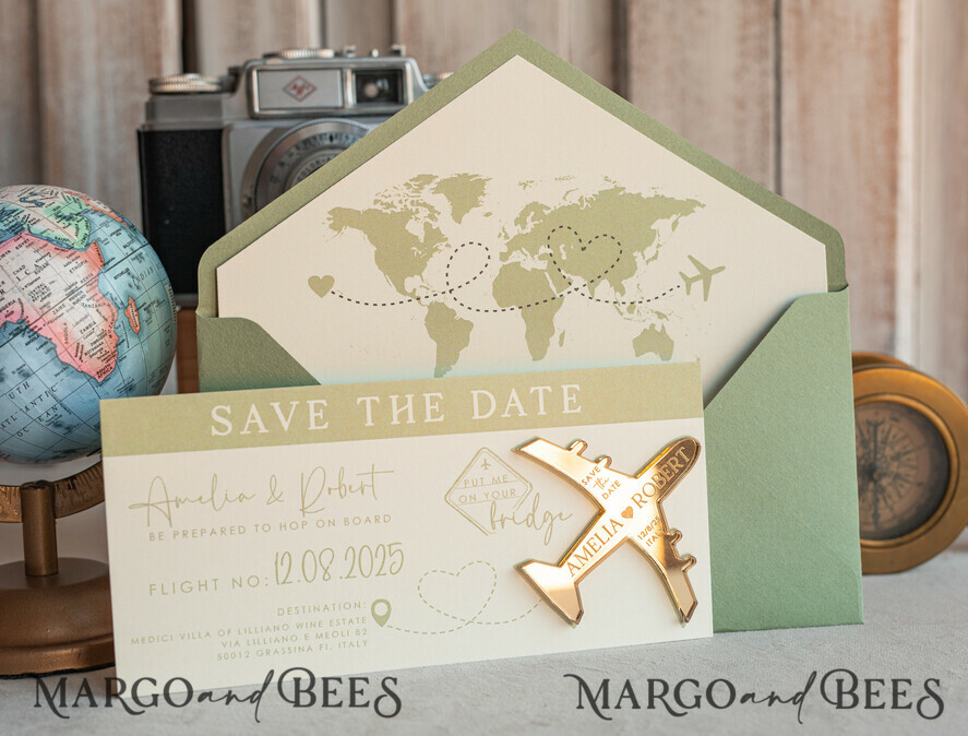 SAVE THE DATES beach travel magnets Sage green  golden airplane magnet Save The Date Cards  boardingpass travel airplane save the dates destination wedding magnets