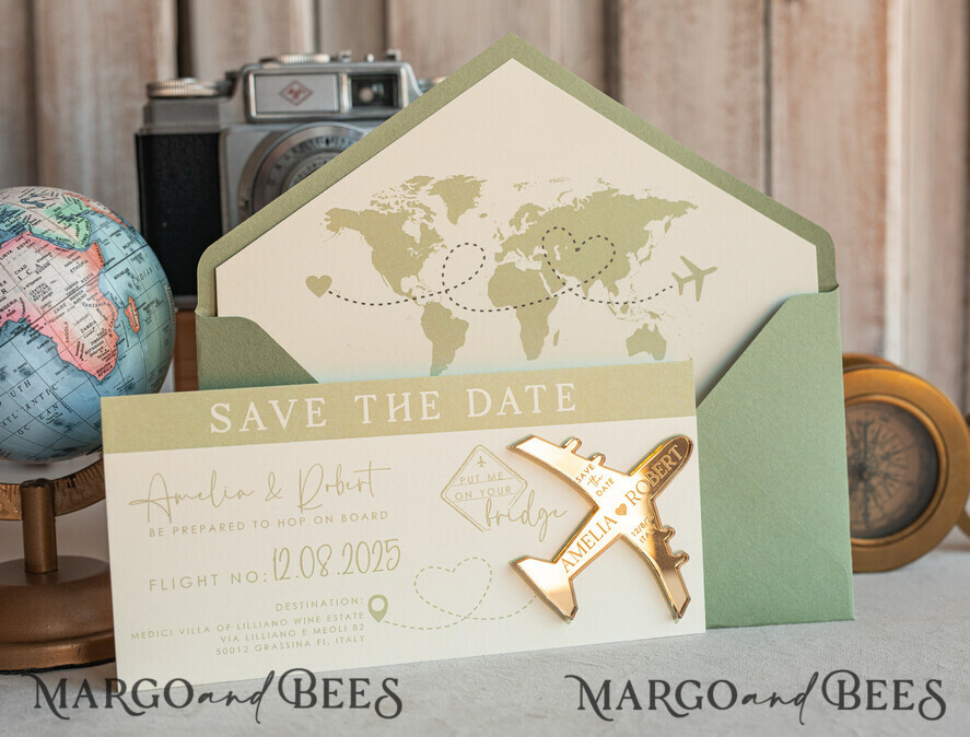 SAVE THE DATES beach travel magnets Sage green  golden airplane magnet Save The Date Cards  boardingpass travel airplane save the dates destination wedding magnets