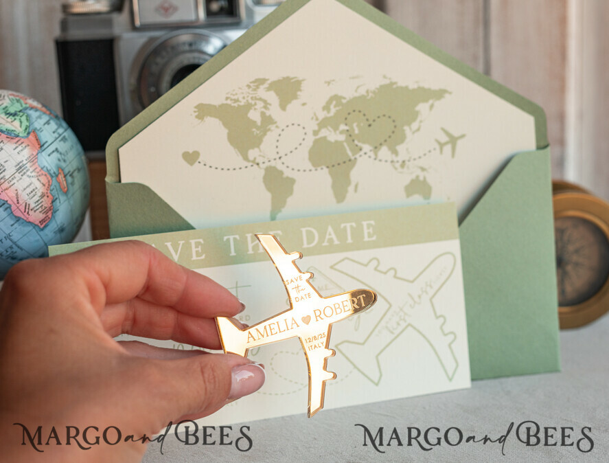 SAVE THE DATES beach travel magnets Sage green  golden airplane magnet Save The Date Cards  boardingpass travel airplane save the dates destination wedding magnets