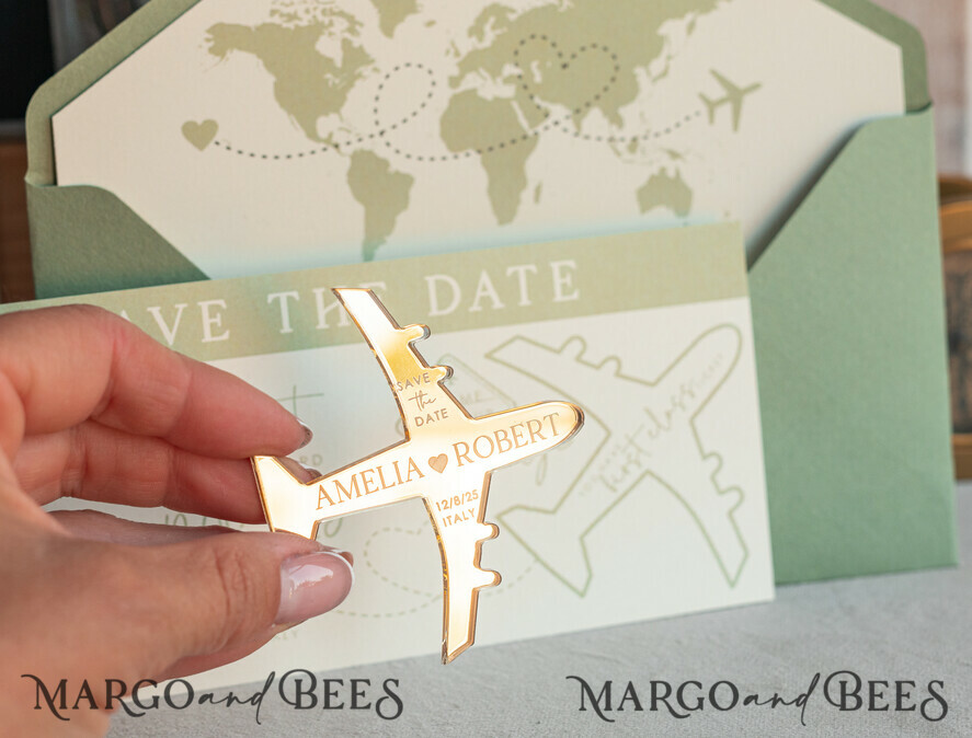 SAVE THE DATES beach travel magnets Sage green  golden airplane magnet Save The Date Cards  boardingpass travel airplane save the dates destination wedding magnets