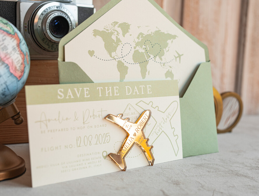 SAVE THE DATES beach travel magnets Sage green  golden airplane magnet Save The Date Cards  boardingpass travel airplane save the dates destination wedding magnets