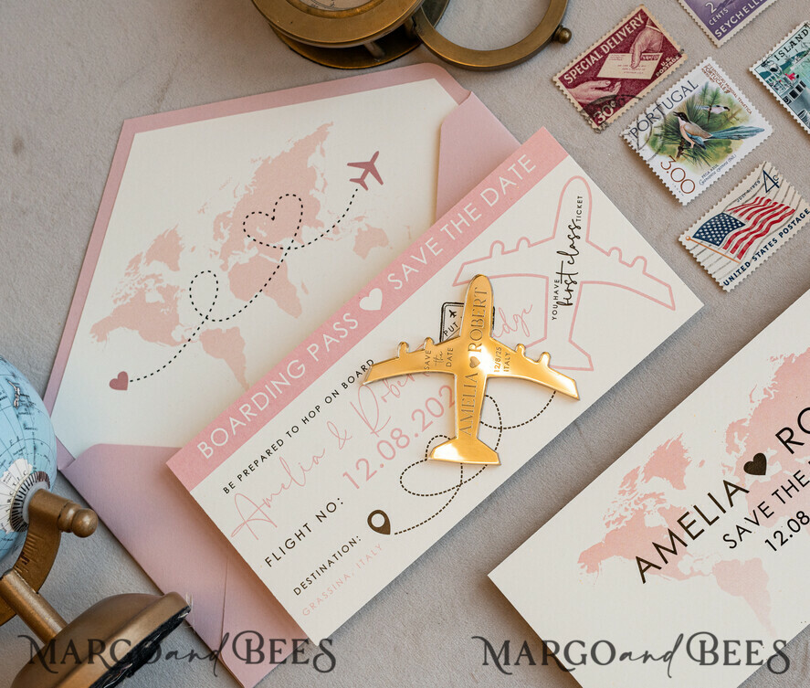 SAVE THE DATES beach travel magnets Pink Blush  golden airplane magnet Save The Date Cards  boardingpass travel airplane save the dates destination wedding magnets